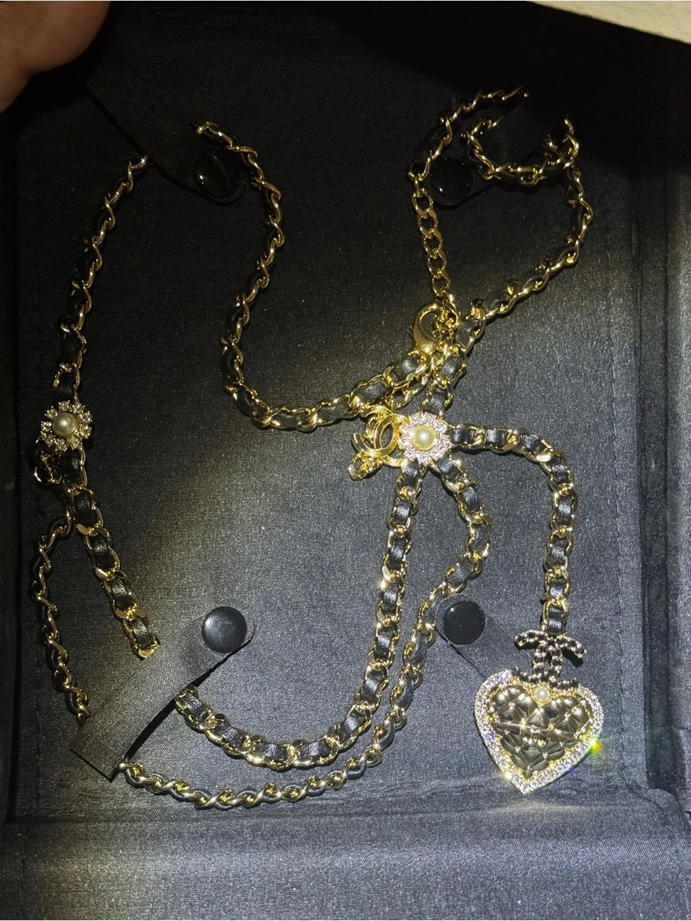 CHANEL Gold-Tone Quilted Heart Pendant Necklace with Pearl Fleur Motif